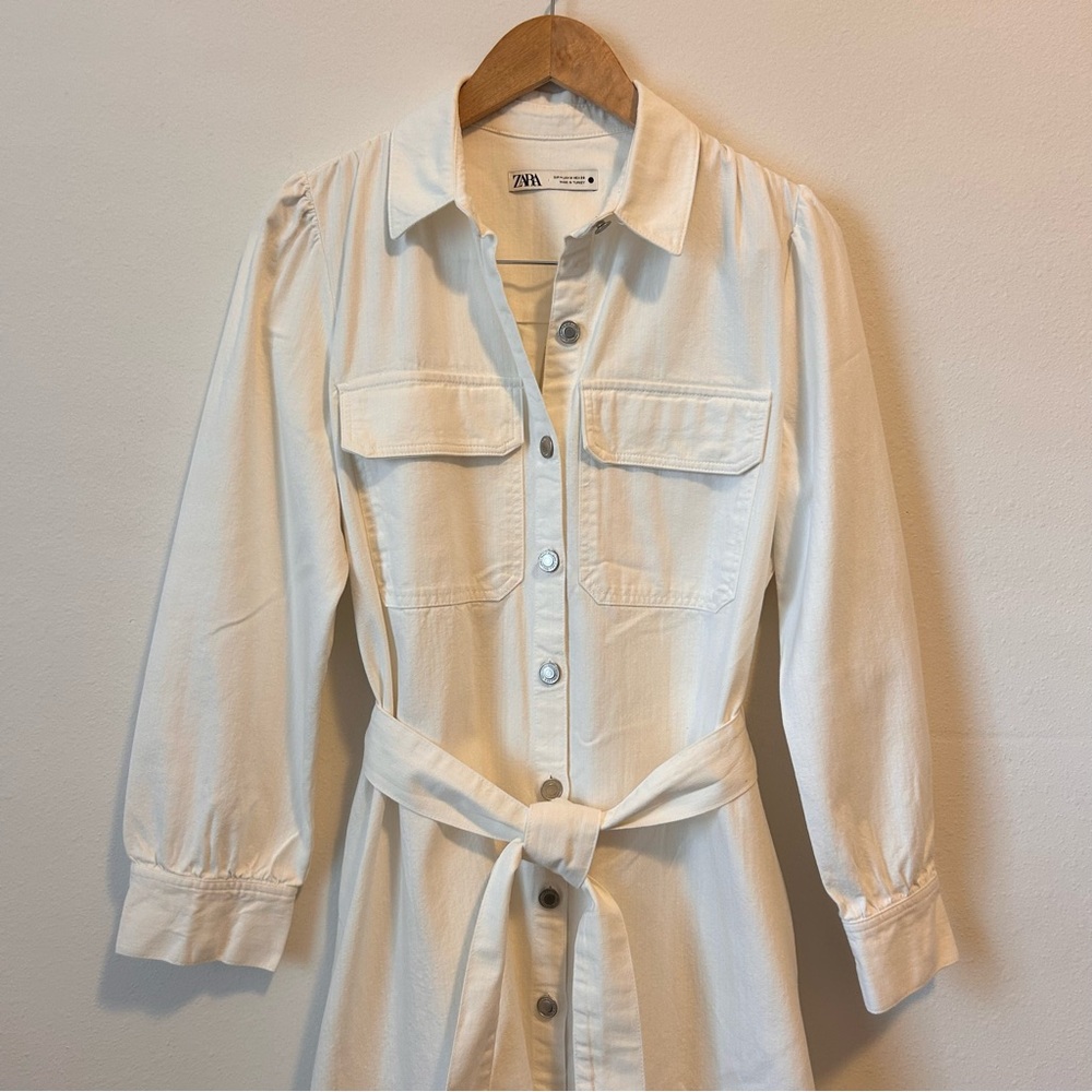 ZARA M Women’s Cotton Linen Blend Elegant Cream Button-Down Denim Belted Dress - Picture 7 of 12